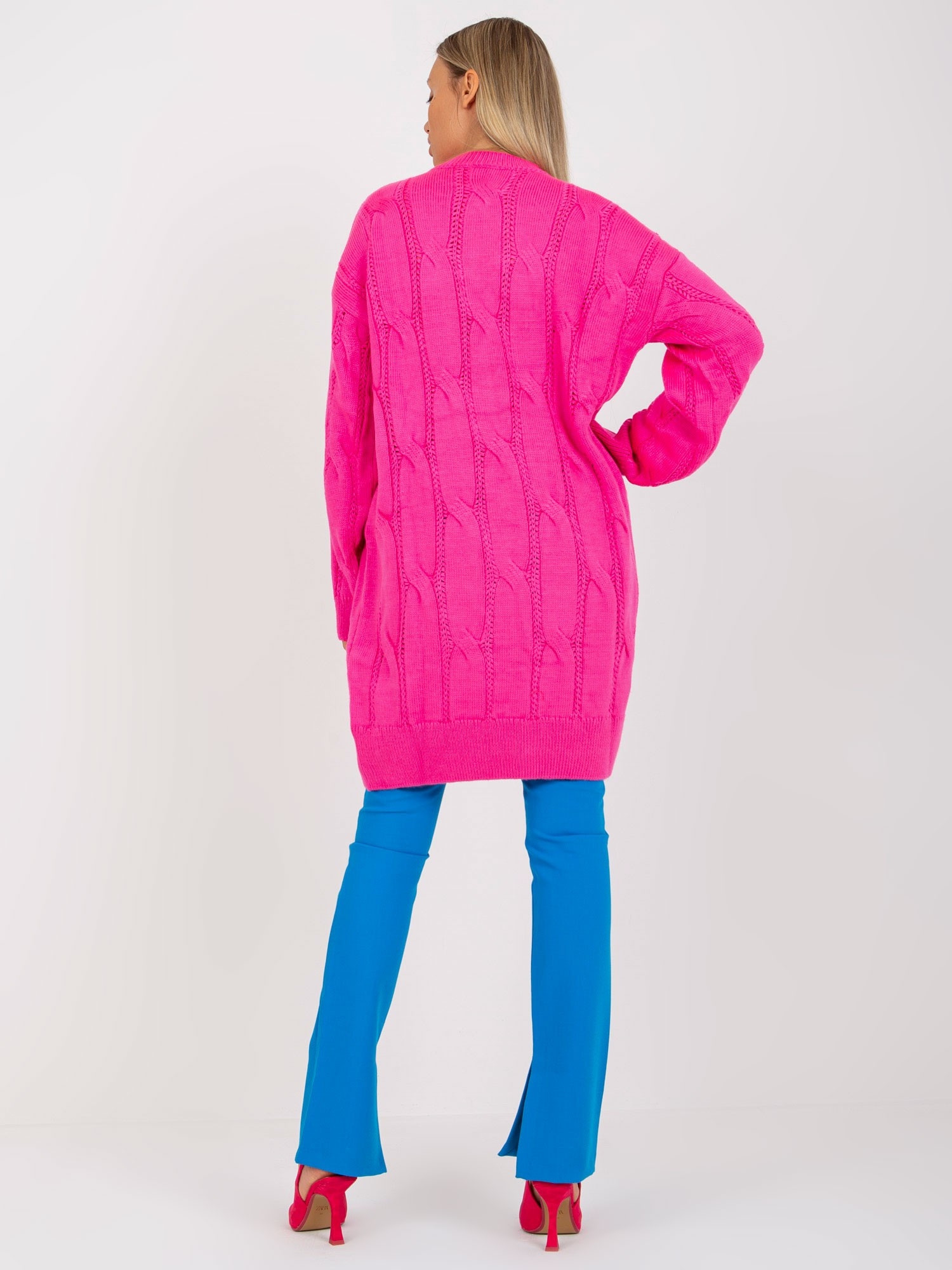 Fluo różowa mini sukienka dzianinowa w warkocze RUE PARIS