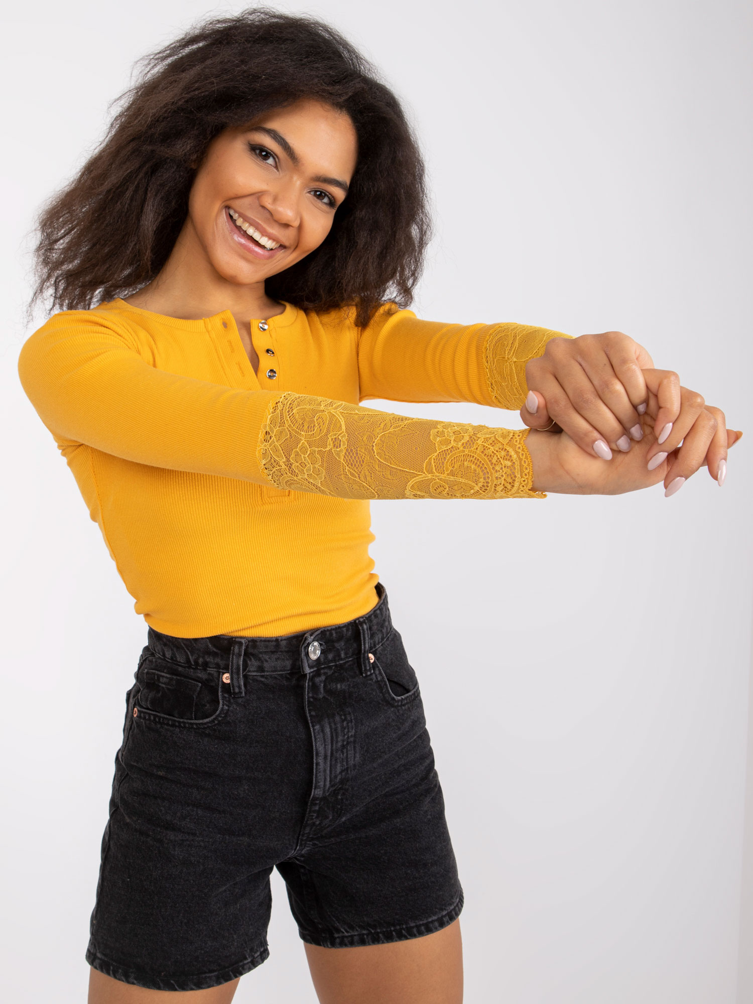 Light orange ribbed blouse with lace Beatrice RUE PARIS