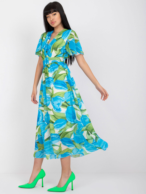Niebiesko-zielona kopertowa sukienka z printami i krótkim rękawem