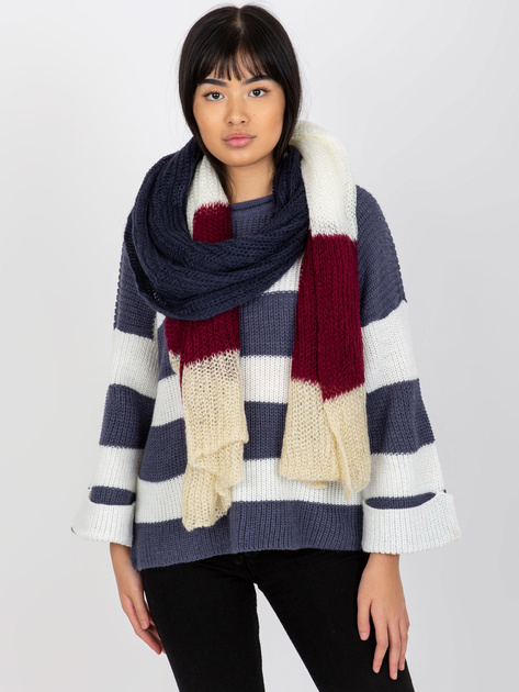 Hurtownia Ecru-bordowy kolorowy damski szal z dzianiny