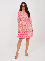 Koralowa wzorzysta sukienka z bufiastym rękawem SUBLEVEL 