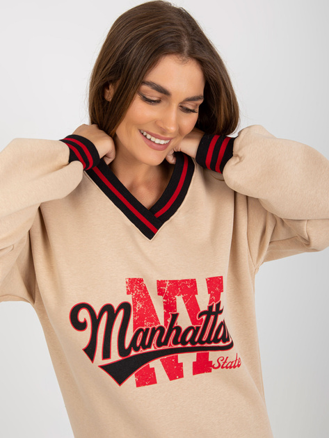 Hurt Beżowa damska bluza z napisami i dekoltem V