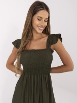 Khaki Midi-Kleid mit elastischem Raffung.