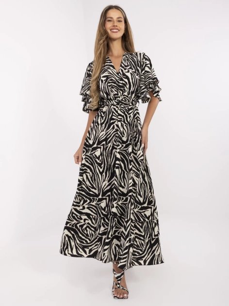 Ecru-czarna maxi sukienka w zebrę