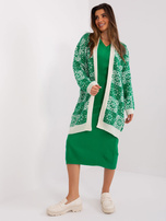 Žalias-ecru laisvas kardiganas su raštais.