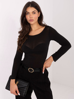 Black fitted blouse with a boat neckline.