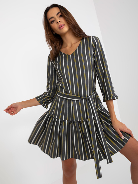 Hurt Ciemnoszara sukienka koktajlowa w paski z wiązaniem