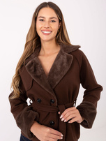 Ciemnobrązowy dwurzędowy płaszcz z kołnierzem RUE PARIS 