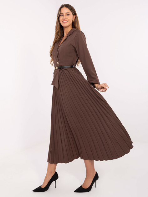 Brązowa elegancka sukienka z plisowanym dołem