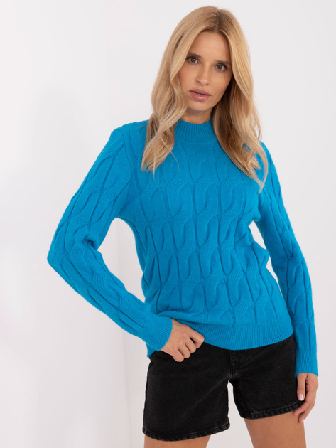 Hurt Niebieski damski sweter z warkoczami i półgolfem