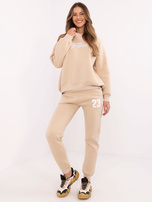 Hurt Beżowy dresowy komplet z bluzą bez kaptura
