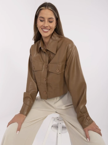 Camelowa krótka kurtka z ekoskóry