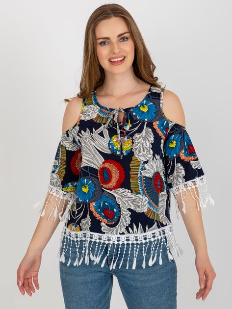 Hurt Granatowa letnia bluzka z nadrukiem i frędzlami