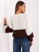 Ecru-bordowy sweter oversize z wełną RUE PARIS 