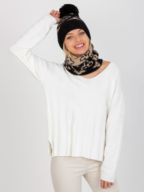 Hurt Czarno-beżowa damska czapka zimowa z pomponem