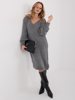 Dark gray sweater dress with ribbing.