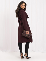 Burgundy long coat in trench style.