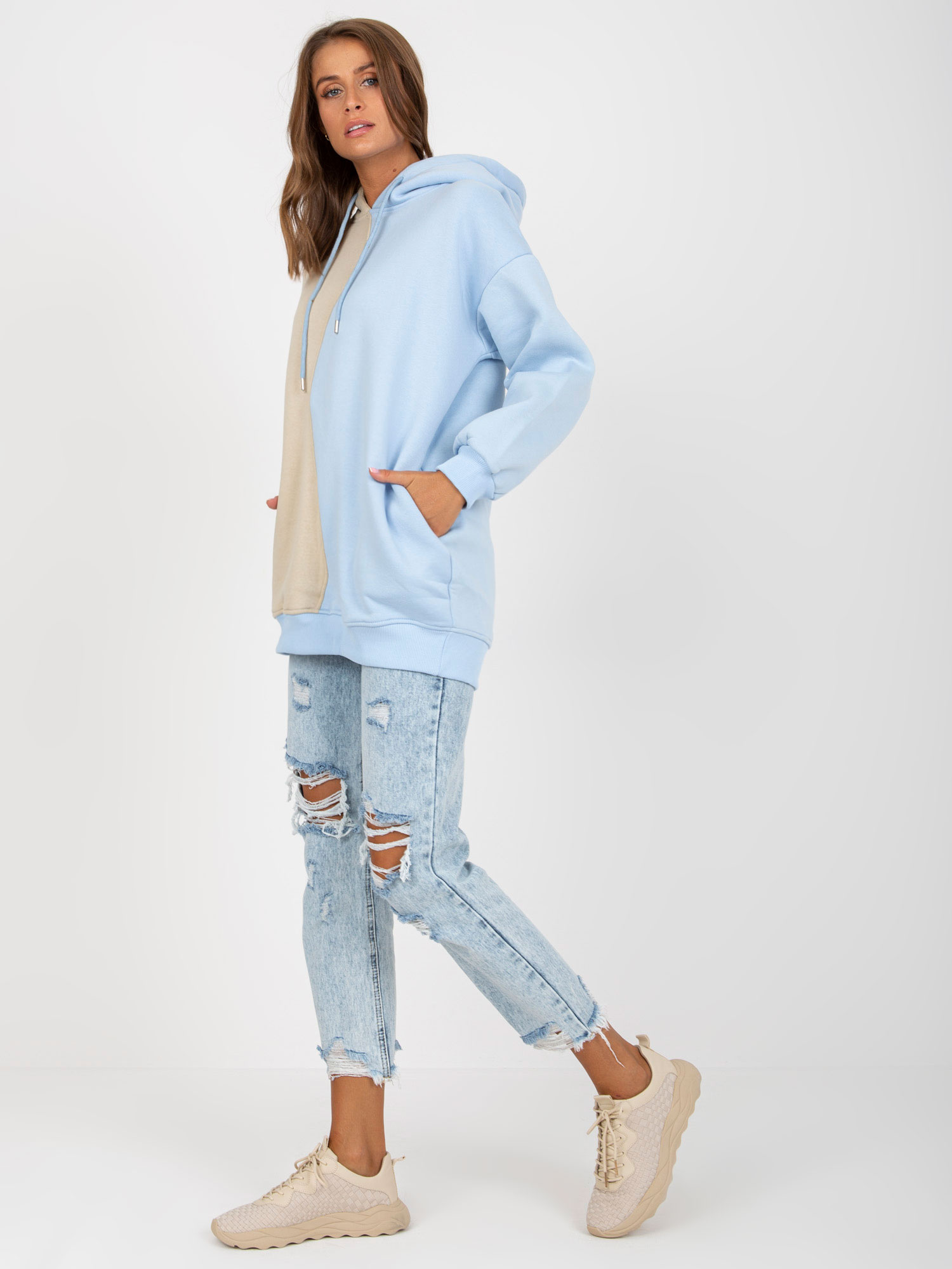 Hurt Beżowo-niebieska damska bluza basic z kapturem RUE PARIS 