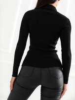 Black fitted sweater with snap closure.