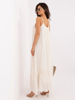 Jasnobeżowa trapezowa sukienka z ażurową wstawką 