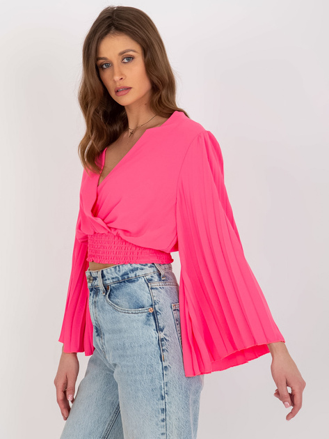 Hurt Fluo różowa bluzka wizytowa z kopertowym dekoltem