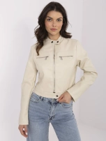 Beige short biker jacket with a zipper closure.