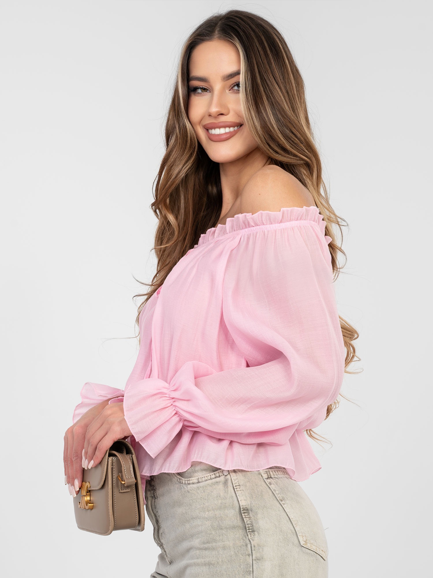 Jasnoróżowa bluzka hiszpanka z wiązaniem RUE PARIS