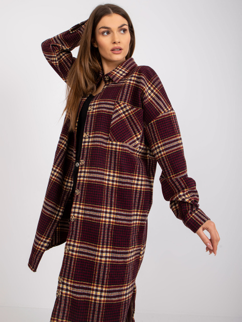 Bordowo-żółta długa koszula w kratę z długim rękawem