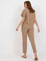 Hurt Ciemnobeżowy damski komplet letni z lnem RUE PARIS