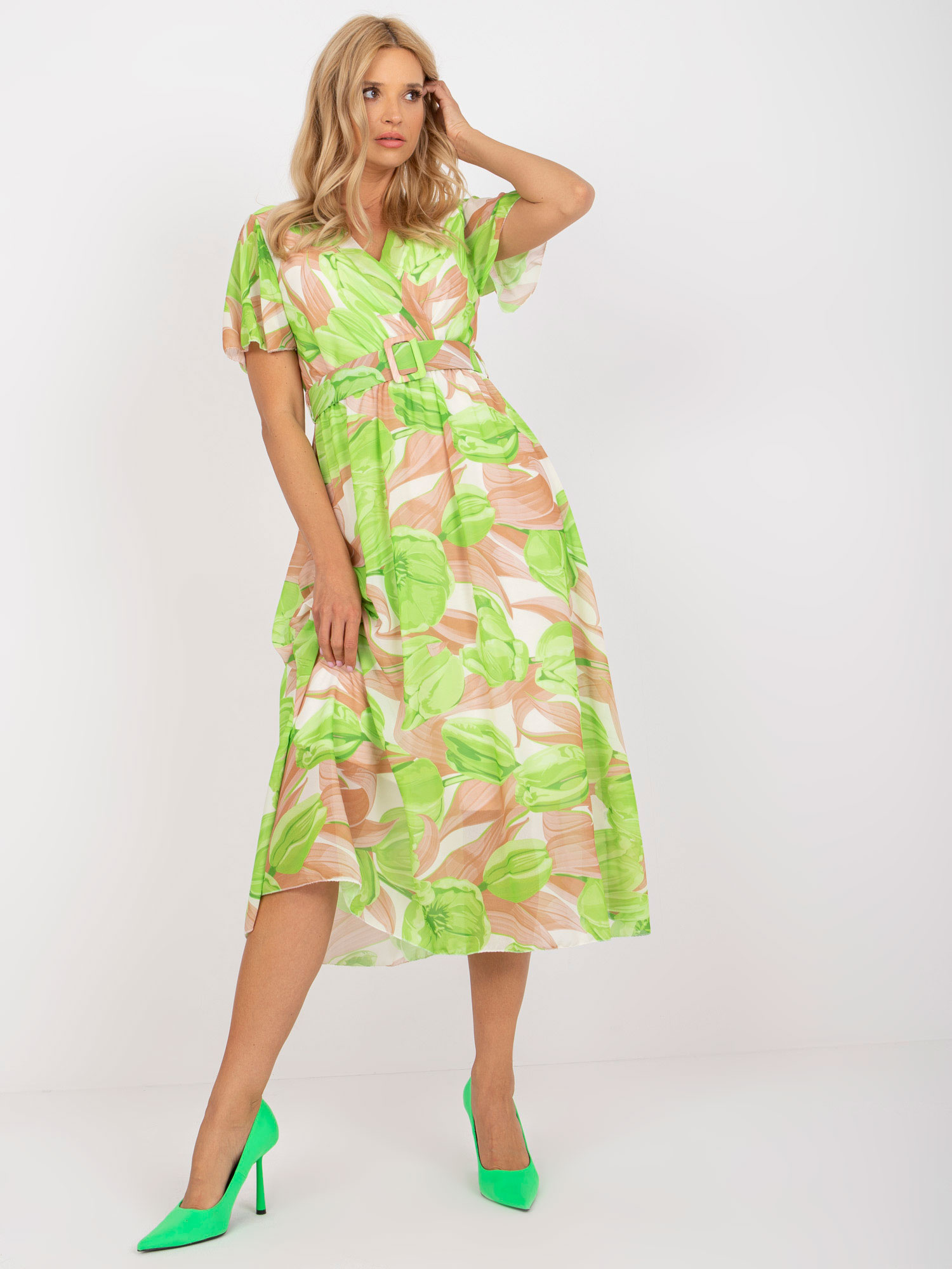 Beige and green midi dress with colorful patterns