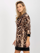 Hurt Jasnobeżowo-czarna sukienka welurowa z nadrukiem RUE PARIS