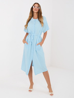 Light blue muslin dress with a tied belt.