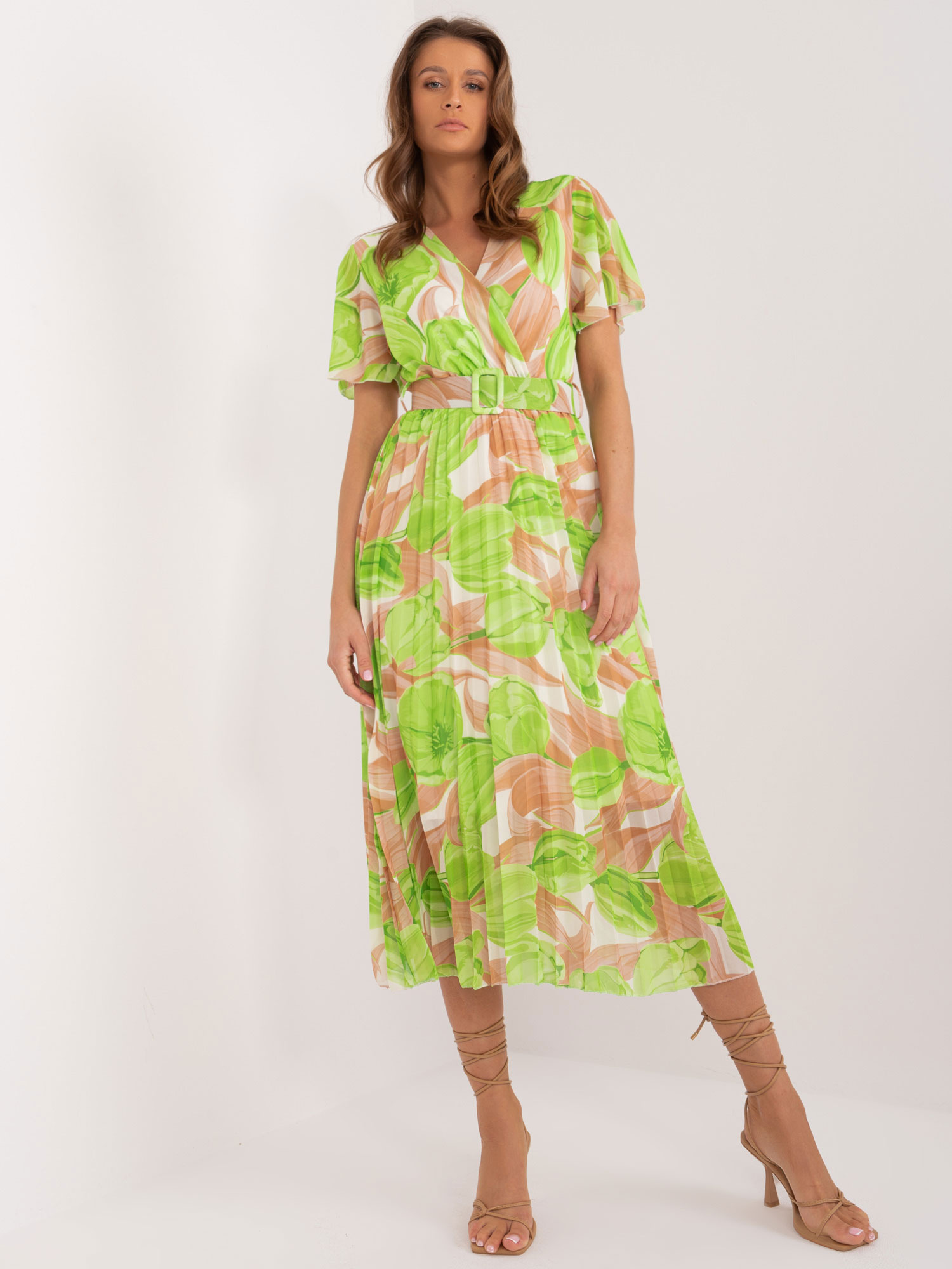 Beige and green midi dress one size with pleating