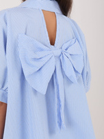 White-blue zip-up shirt with RUE PARIS appliqués.
