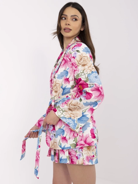 Ecru-niebieski komplet z marynarką o kroju kimono