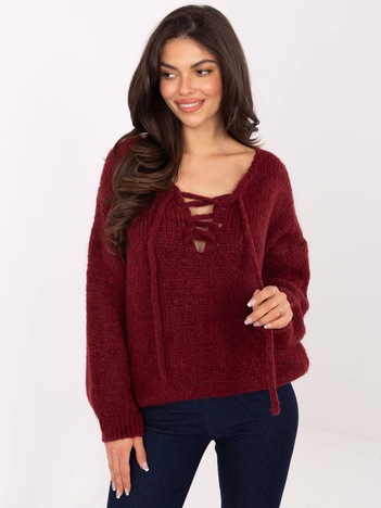 Bordowy sweter oversize z wiązanym dekoltem