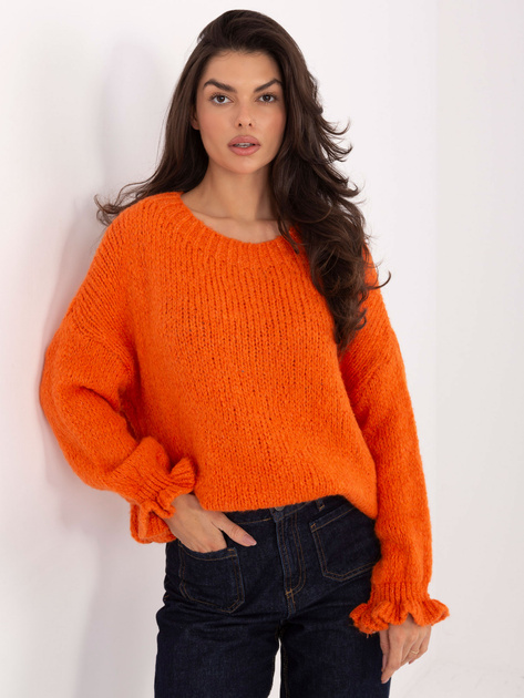 Pomarańczowy sweter z falbankami przy rękawach