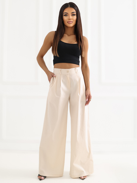 Jasnobeżowe damskie spodnie palazzo z kieszeniami RUE PARIS