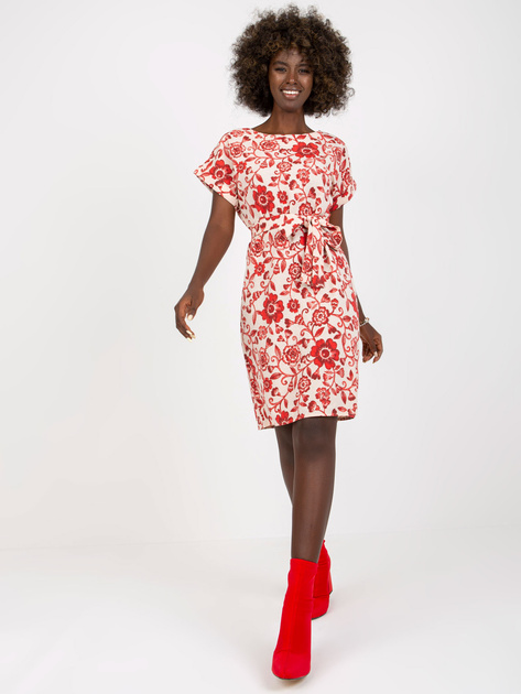 Hurtownia Beżowo-czerwona lniana sukienka w kwiaty do kolana