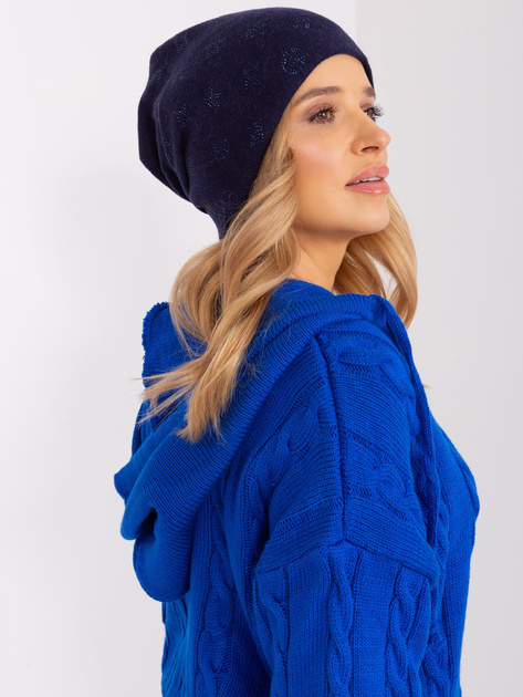 Hurt Granatowa damska czapka zimowa z dżetami