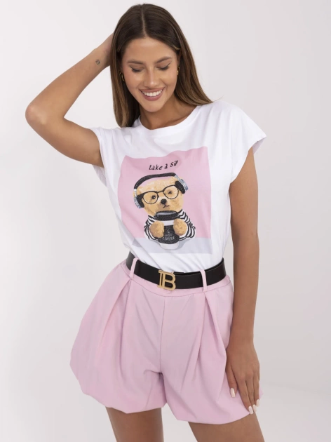 Biało-różowy damski t-shirt z dżetami