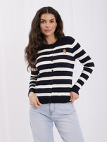 Dunkelblauer, offen tragbarer Pullover mit Zöpfen.