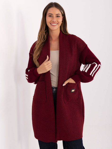 Bordowy damski kardigan z napisami na rękawach