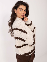 Ecru-brązowy damski sweter oversize z półgolfem