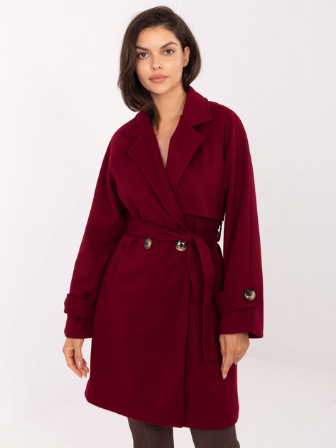 Bordowy dwurzędowy płaszcz damski RUE PARIS