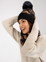 Hurt Czarno-camelowa damska czapka zimowa z pomponem