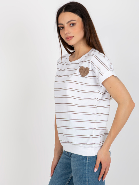 Hurt Biało-brązowa damska bluzka w paski z naszywką
