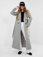 Gray women's coat with stripes on the sleeves.
