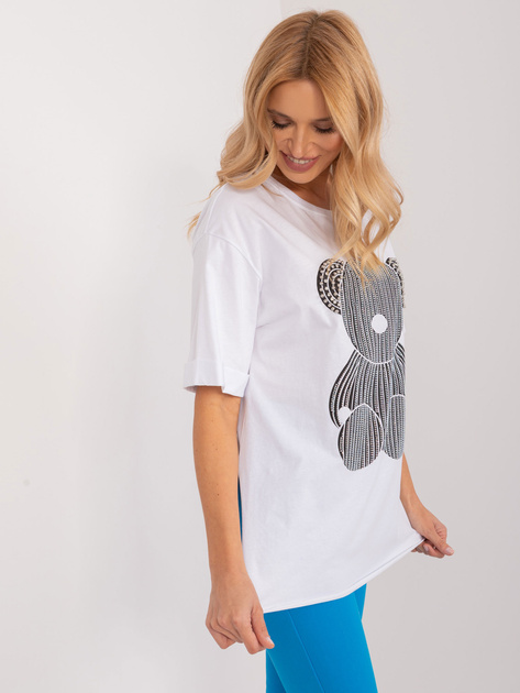 Hurt Biały bawełniany t-shirt z rozcięciami i aplikacją