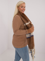 Hurt Brązowy długi szal damski z ciepłej dzianiny w kratę